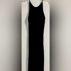 Black semi formal dress with high slit and rhinestone embelished trim